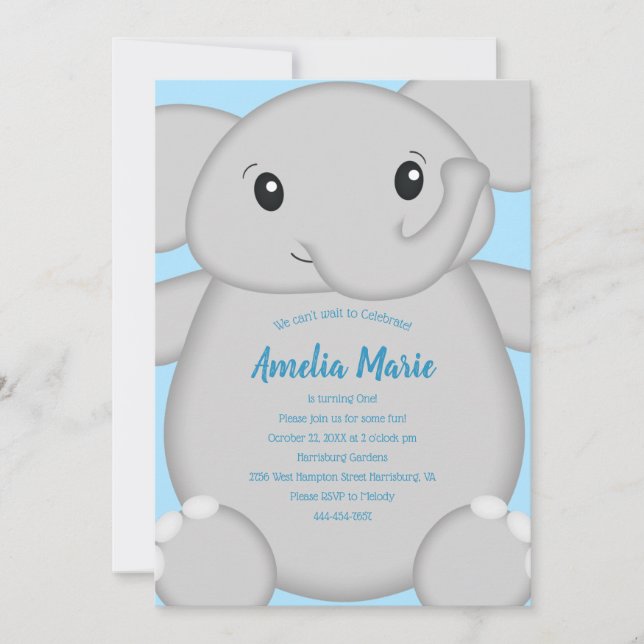 Blue Elephant Birthday Party Invitation (Front)