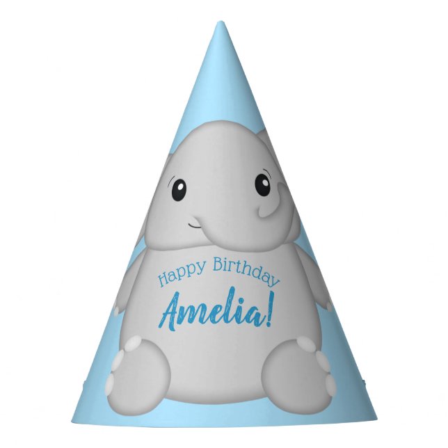 Blue Elephant Birthday Party Party Hat (Front)