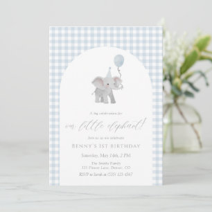 Blue Elephant Blue Gingham Birthday  Watercolor Invitation