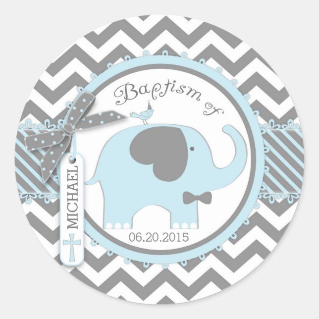 Blue Elephant Bow Tie and Chevron Print Baptism Classic Round Sticker (Front)