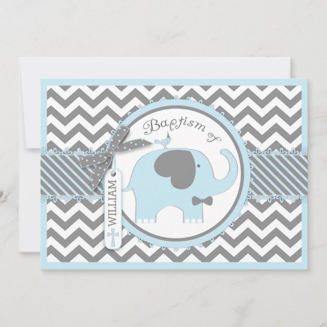Blue Elephant Bow Tie and Chevron Print Baptism Invitation (Front)