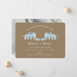 Blue Elephant Bow Tie Baby Boy Birth Announcement