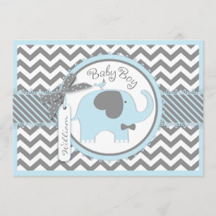 Blue Elephant Bow Tie Chevron Print Baby Shower Invitation