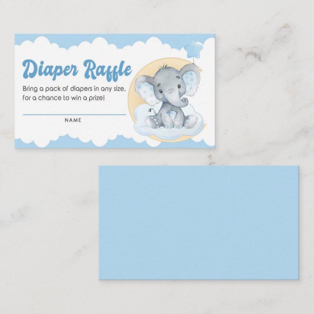 Blue Elephant Boy Baby Shower Diaper Raffle Ticket Enclosure Card (Front/Back)