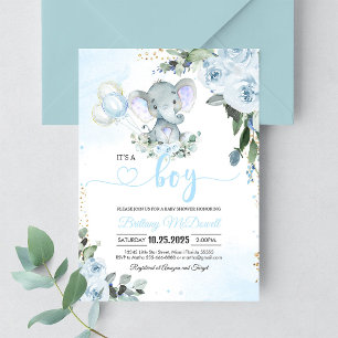 Blue Elephant Boy Baby Shower Invitation