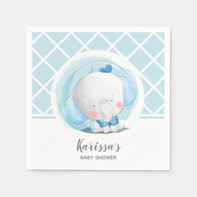 Blue Elephant Boy Baby Shower Napkin (Front)