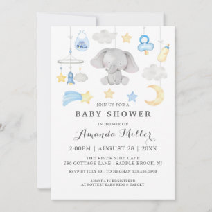 Blue Elephant Boy Baby Toys Baby Shower Watercolor Invitation