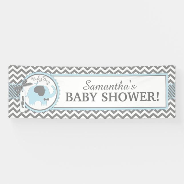 Blue Elephant Boy Chevron Baby Shower Banner (Horizontal)