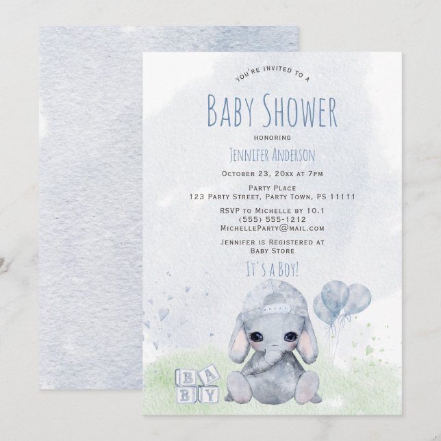 Blue Elephant Boy Watercolor  Invitation (Front/Back)