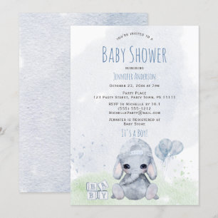 Blue Elephant Boy Watercolor  Invitation