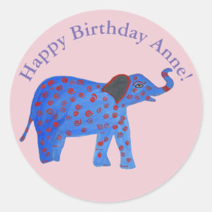 Blue Elephant Drawing Personalised  Round Sticker