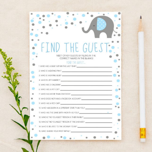 Blue Elephant Find Guest Baby Shower Game Stationery (Creator Uploaded)