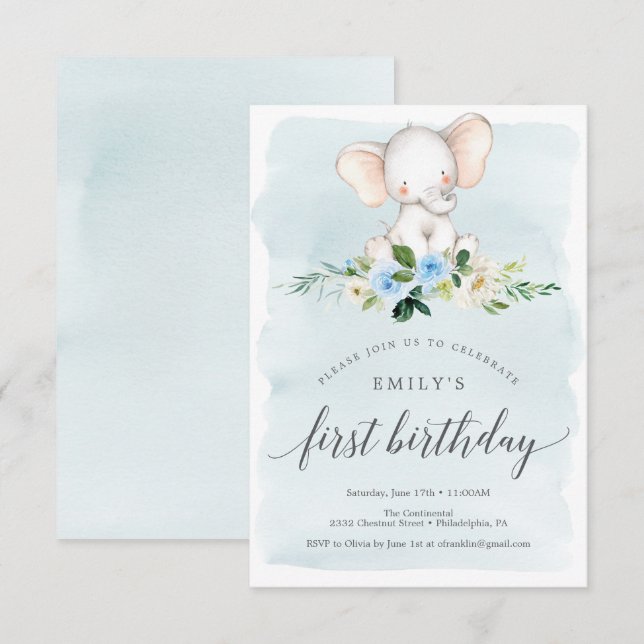 Blue Elephant First Birthday Invitation Card (Front/Back)