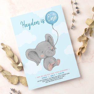 Blue Elephant first birthday party Invitation