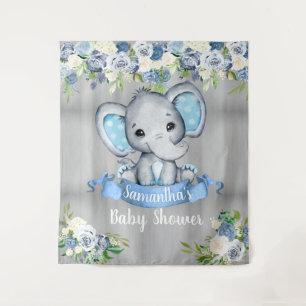 Blue Elephant Floral Photo Backdrop Baby Shower  Tapestry