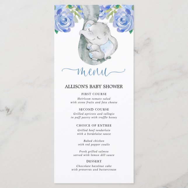 Blue elephant floral watercolor baby shower menu (Front)