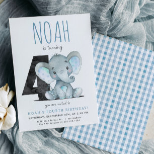 Blue Elephant Fourth Birthday Invitation