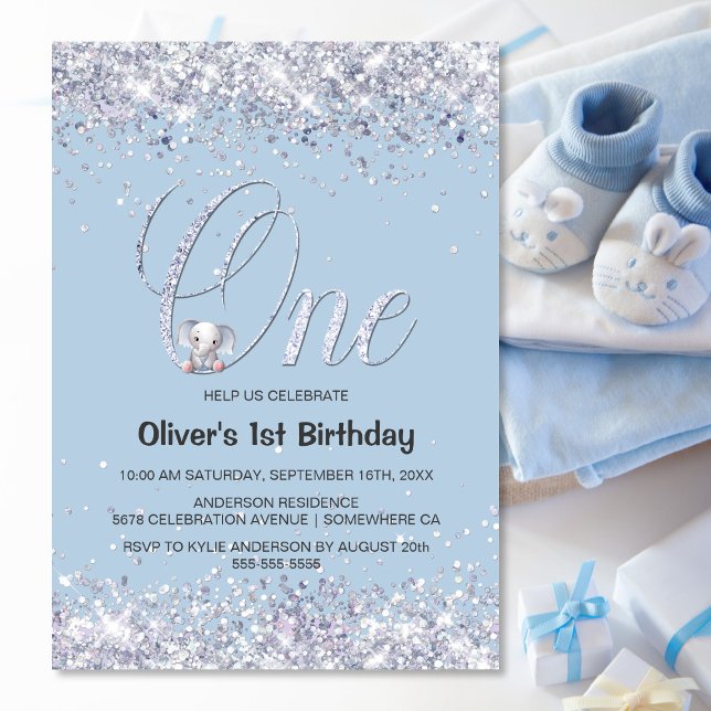 Blue Elephant Glitter 1st Birthday Party Invitation (Creator Uploaded)
