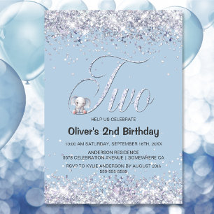 Blue Elephant Glitter 2nd Birthday Party Invitation