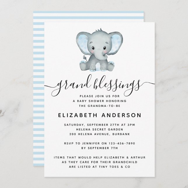 Blue Elephant Grandma-to-be Baby Shower Invitation (Front/Back)