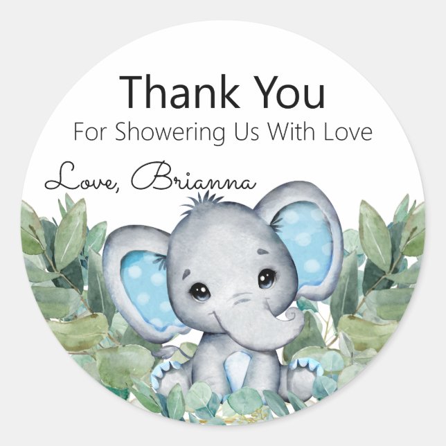 Blue Elephant Greenery Baby Shower Thank You Classic Round Sticker (Front)