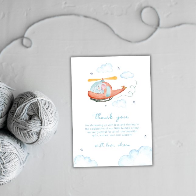 Blue Elephant Helicopter Airplane Baby Shower  Thank You Card (Blue Elephant Helicopter Airplane Baby Shower Thank You Card)