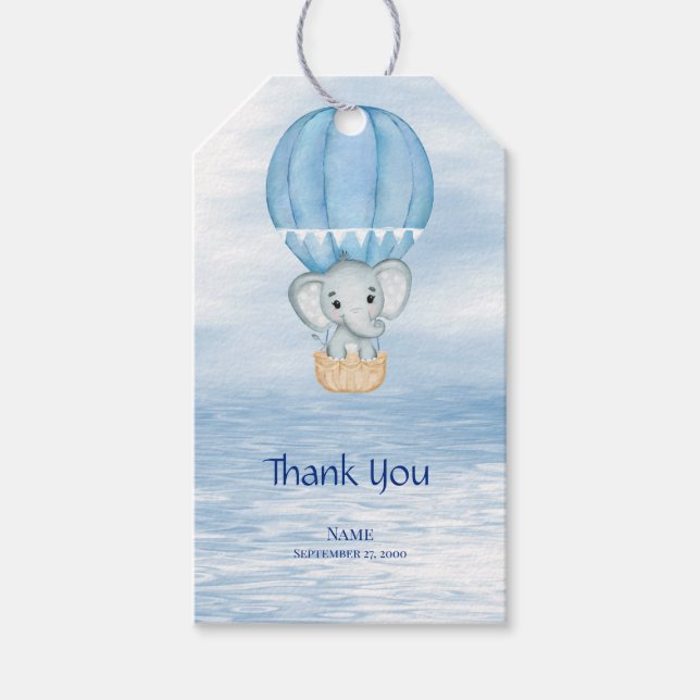 Blue Elephant Hot Air Balloon Gift Tag (Front)