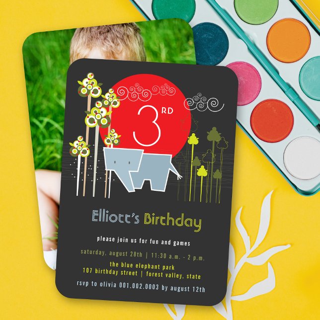 Blue Elephant In The Forest Boy Birthday Party Invitation (Blue Elephant In The Forest Kid's Birthday Party Photo Invitation Card @ fat_fa_tin)