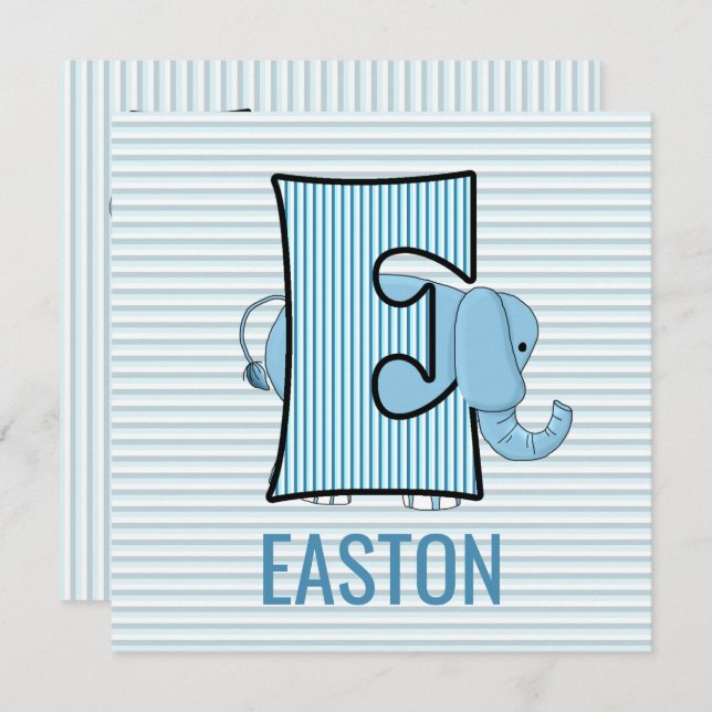 Blue Elephant Letter E Kids Birthday Party Invitation (Front/Back)