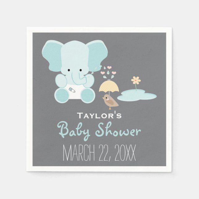 Blue Elephant Little in Diapers Bird Baby Shower Napkin (Front)
