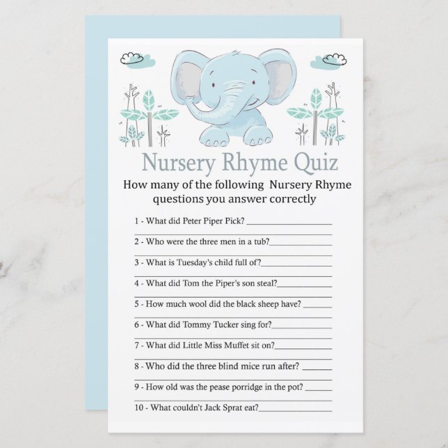 Blue elephant Nursery Rhyme Quiz baby shower game (Front/Back)