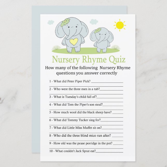 Blue elephant Nursery Rhyme Quiz baby shower game (Front/Back)