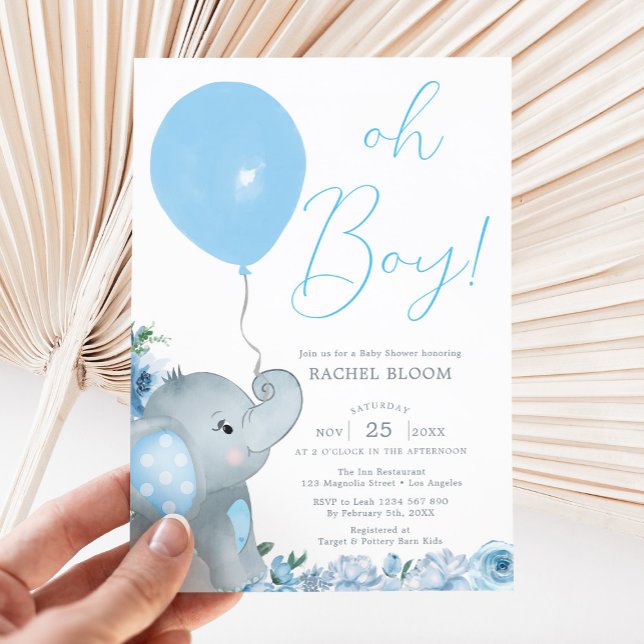 Blue Elephant Oh Boy Baby Shower Invitation (blue elephant baby shower invitation)
