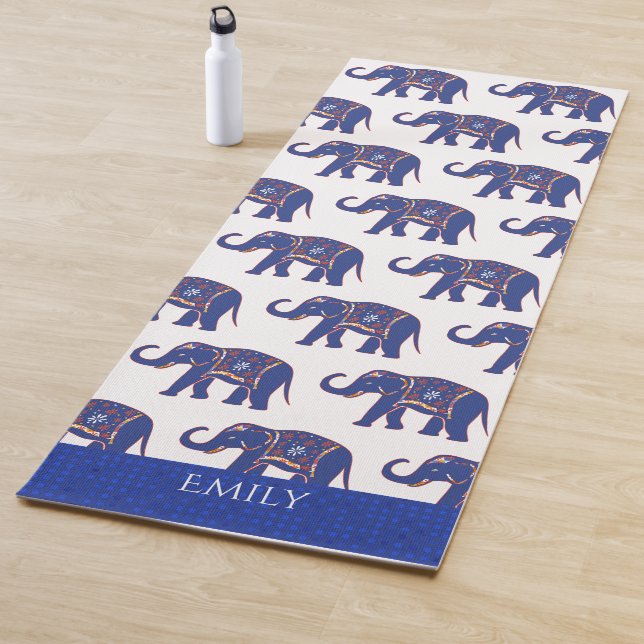 Blue Elephant Pattern Personalised Yoga Mat (In Situ)