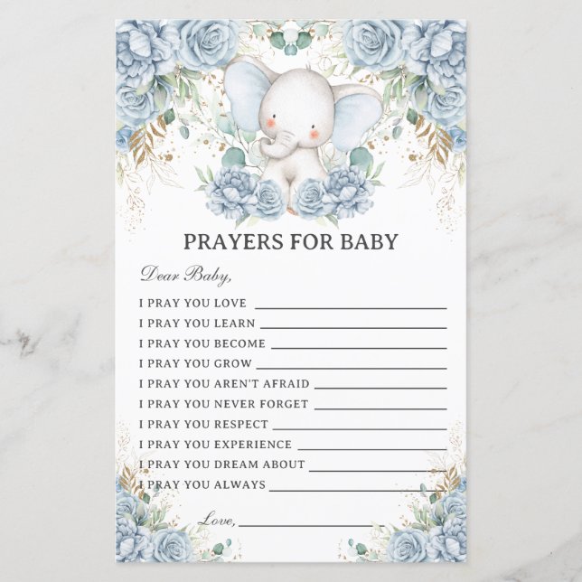 Blue Elephant Prayers for Baby Showers Activity (Front)