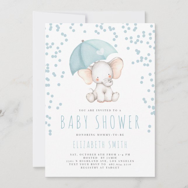 Blue Elephant Rain Sprinkle Boy Baby Shower Invitation (Front)