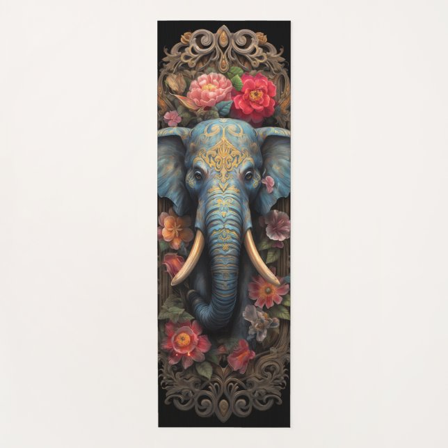 Blue Elephant Serenity Woodcarving with flowers Yoga Mat (Front)