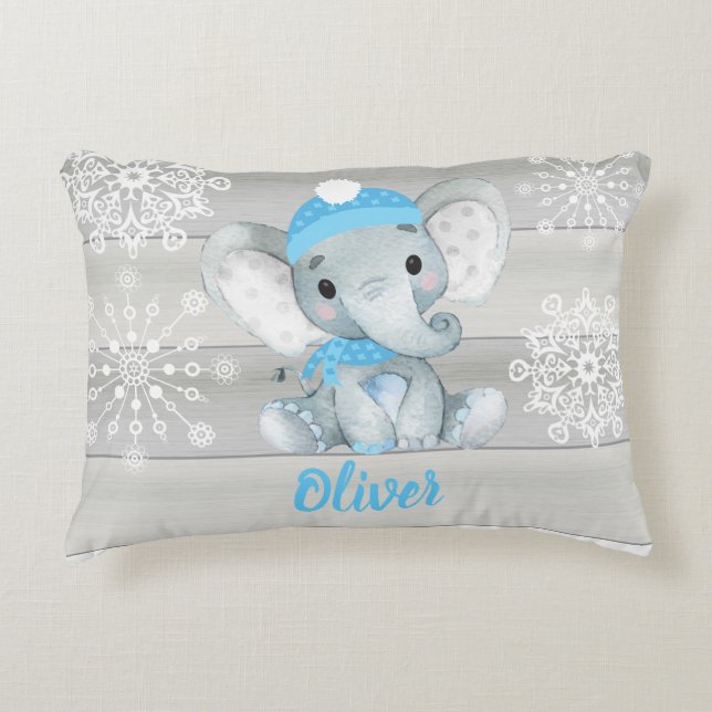 Blue  elephant snowflake grey Custom name Pillow (Front)