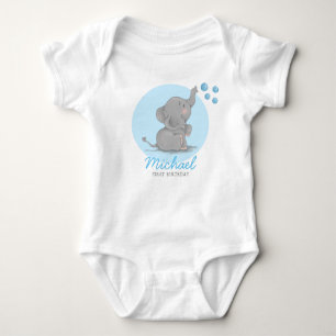 blue elephant soap bubble first birthday name baby bodysuit