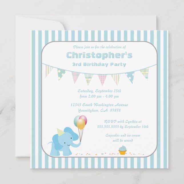Blue elephant stripes birthday party invitation (Front)