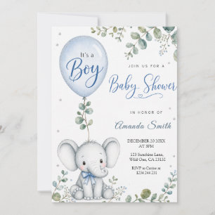 Blue Elephant Watercolor Eucalyptus Baby Shower Invitation