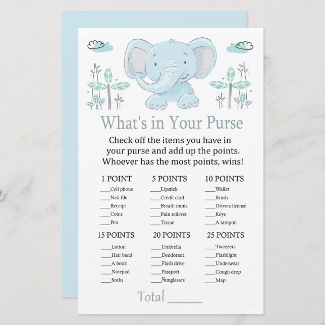 Blue elephant What's in your purse game (Front/Back)
