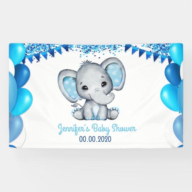 Blue Elephant with Balloons Banner Shower (Horizontal)