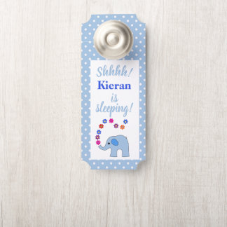 Blue Elephant With Flowers Baby Is Sleeping Door Hanger