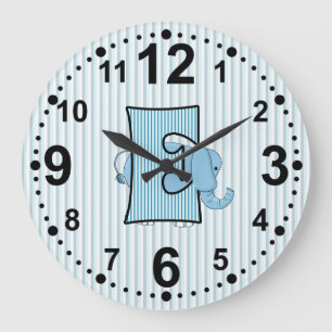 Blue Elephant with Stripes and Letter E Large Clock