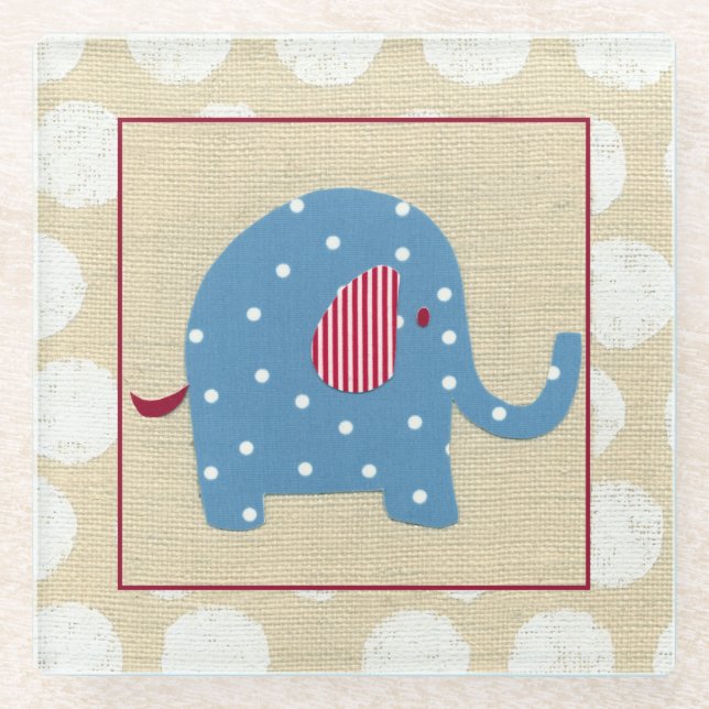 Blue Elephant with White Polka Dots Glass Coaster (Front)