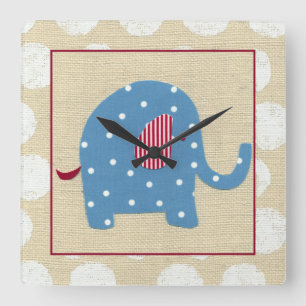 Blue Elephant with White Polka Dots Square Wall Clock