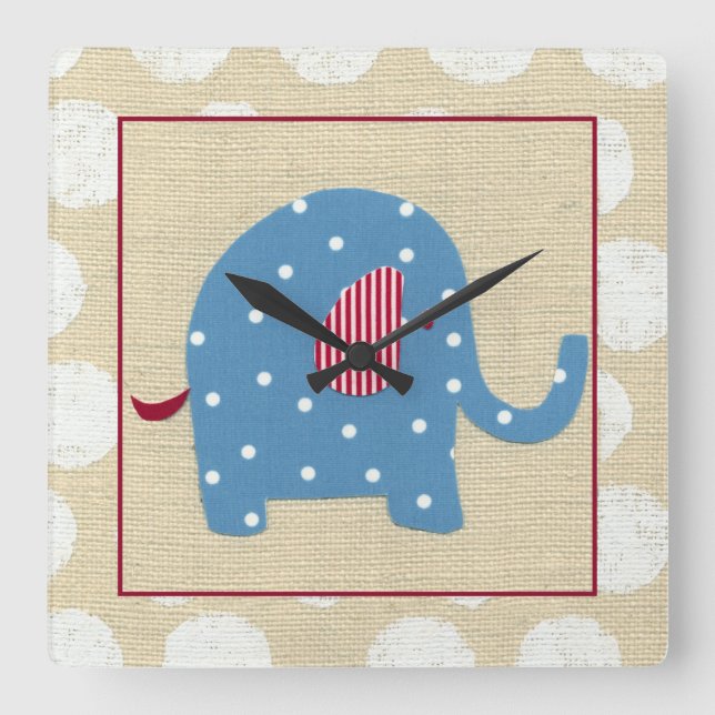 Blue Elephant with White Polka Dots Square Wall Clock (Front)
