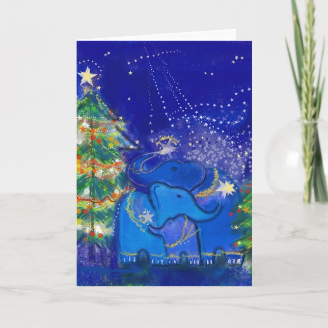 Blue elephants and Christmas tree Holiday Card (Front)
