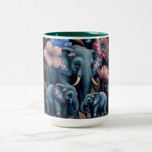Blue Elephants and Pink Flowers Two-Tone Coffee Mug